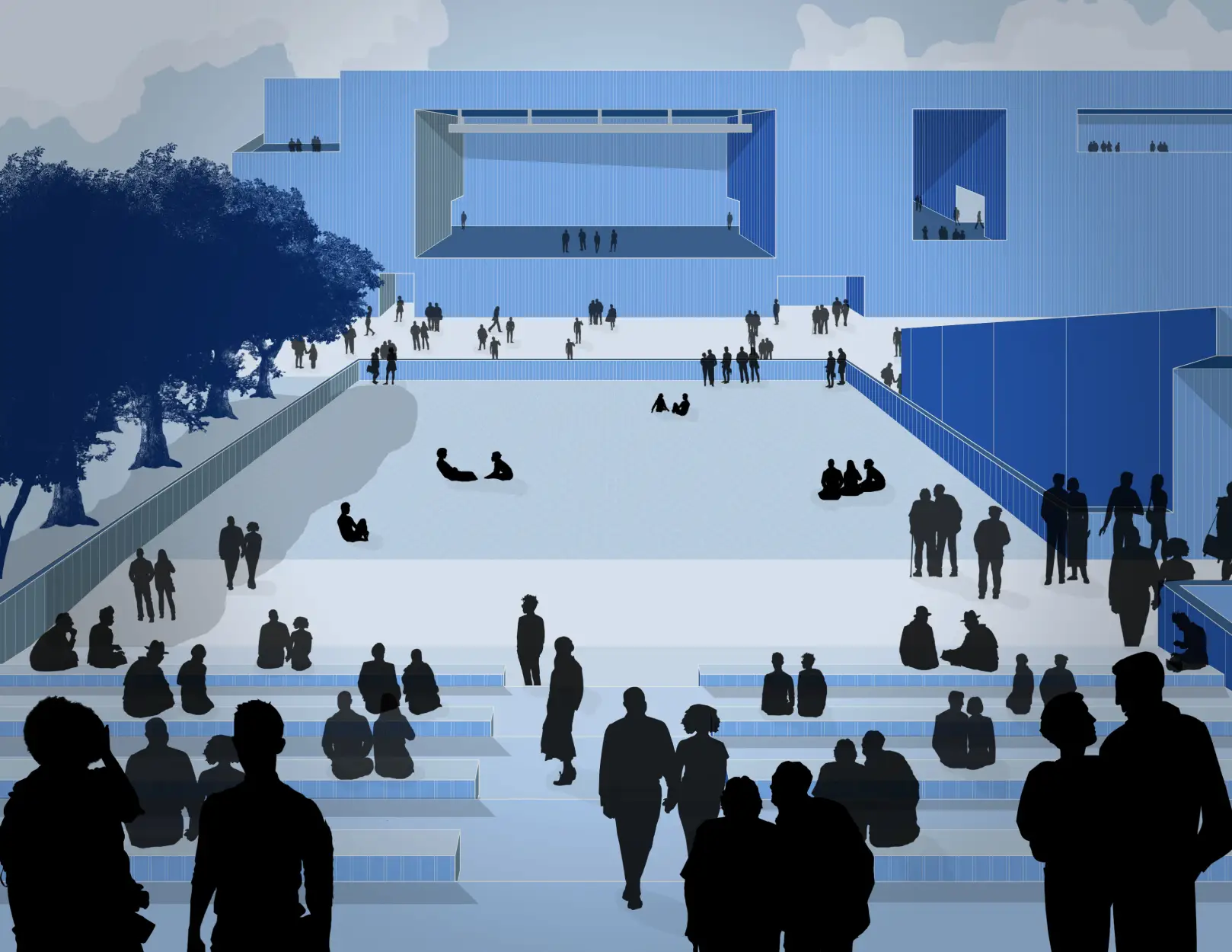 High School Stadium Design; View of the music pavilion and lawn seating, the halfway point in the entrance sequence. Jonathan Malott, Austin Texas Architecture